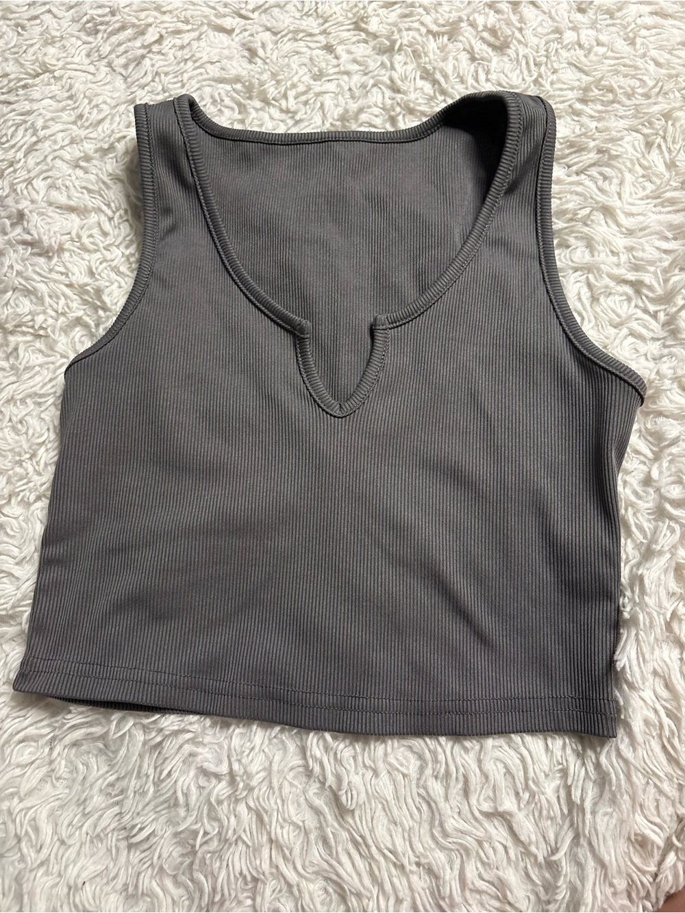 Ribbed Notch V-Neck Crop Tank - Charcoal